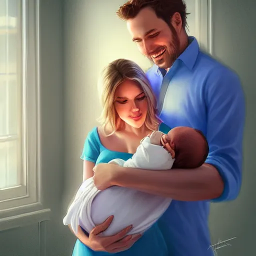 Prompt: a happy husband and his wife standing together, she is holding their newborn baby girl, beautifully lit, detailed, by artgerm, mumford and rutkowski, artstation cgsociety