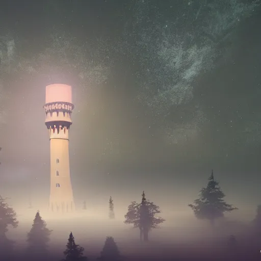 Prompt: wide angle shot of a ancient tower in a clearing of a fairytale forest at night under a starry sky, super moon, ethereal, pastel tones, mist and fog, concept art, blender render, highly detailed, 4 k, 8 k, artstation