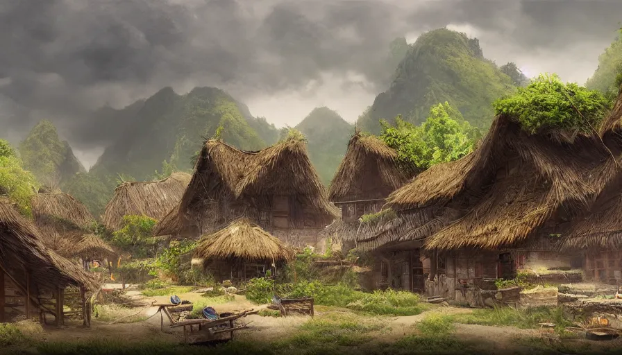 Image similar to matte painting of a beautiful lumpun village, digital art, trending on artstation