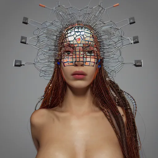 Prompt: swimming deeper into the multiverse, maze of modular synth cables mixed with mangrove roots, kawaii puerto rican goddess chilling out wearing a headpiece made of circuit boards designed by isabel marant, by cameron gray, wlop, stanley kubrick, masamune, hideki anno, jamie hewlett, unique perspective, trending on artstation, 3 d render, vivid