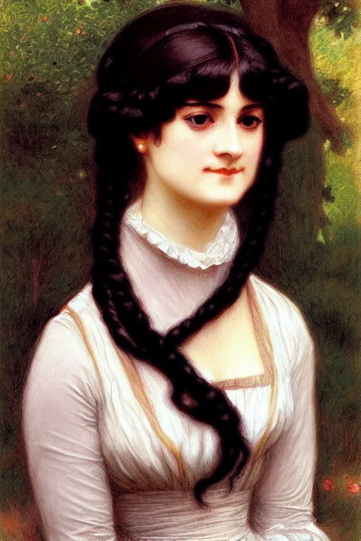 Image similar to jane austen black long hair, painting by rossetti bouguereau, detailed art, artstation