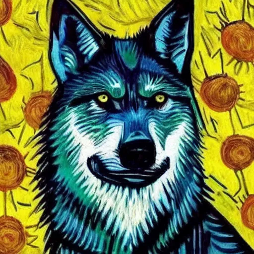 Image similar to retard wolf, van gogh, vivid colors, portrait paintin,