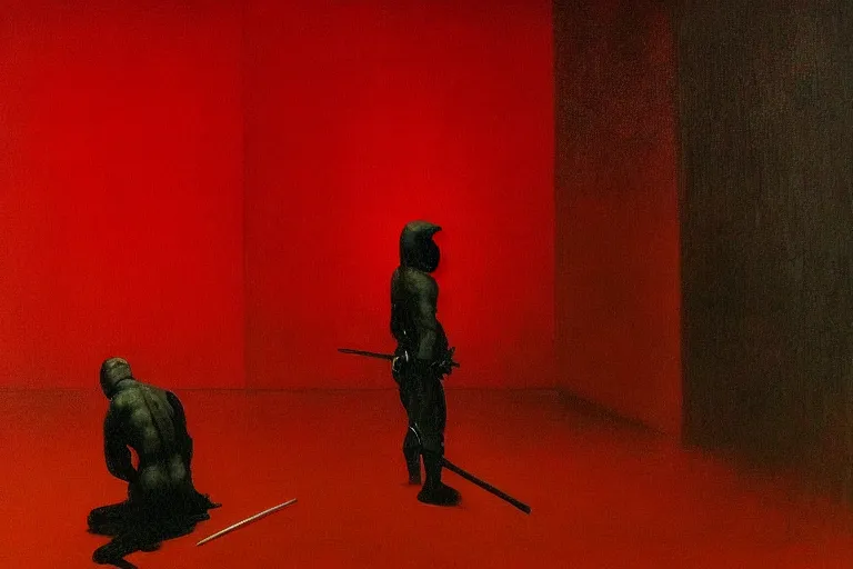 Image similar to only with red, a red samurai harakiri, tokio, a lot of frogs watch, in the style of beksinski, parts by edward hopper, parts by rodcenko, parts by yue minjun, intricate and epic composition, red by caravaggio, insanely quality, highly detailed, masterpiece, red light, artstation, 4 k