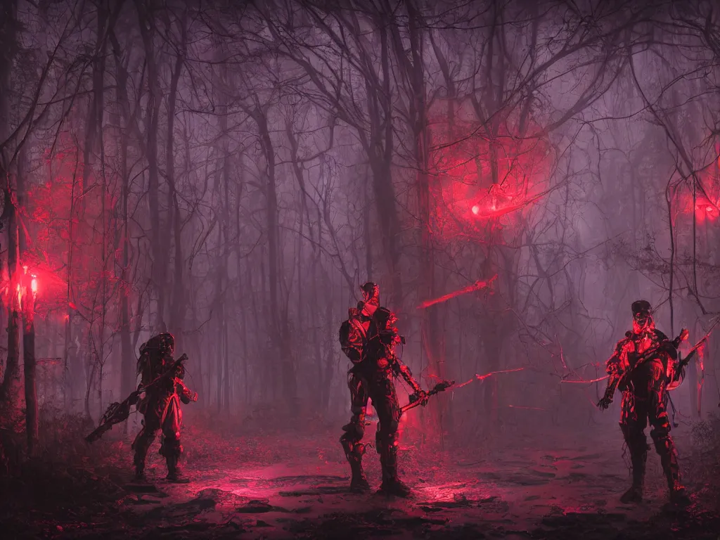 Image similar to between mystical misty swamps a renaissance style soldiers unit in red hoods with dieselpunk-style exoskeletons, armed with edged weapons, battles otherworldly werewolves. Volumetric lighting bioluminescence, plasma, neon, brimming with energy, electricity, power, Colorful Sci-Fi Steampunk, Dieselpunk Biological Living, cel-shaded, depth, particles, lots of reflective surfaces, subsurface scattering