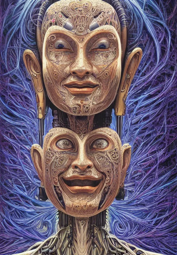 Image similar to perfectly centered portrait, front view of a beautiful biomechanical alien android robot buddha, female, fractal hair, intense stare, sarcastic smile, symmetrical, concept art, intricate detail, volumetric shadows and lighting, realistic oil painting by alex grey and gustave dore,