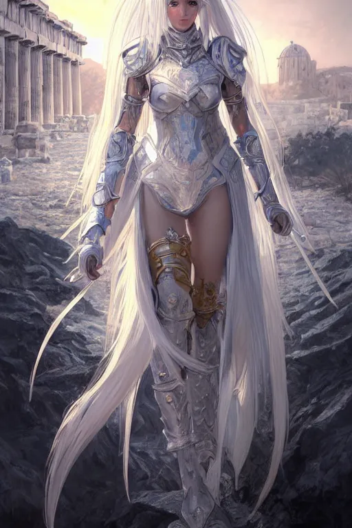 Image similar to portrait white hair knights of zodiac girl, sliver ice color reflected armor, in ruined agora of athens sunrise, ssci - fi and fantasy, intricate and very very beautiful and elegant, highly detailed, digital painting, artstation, concept art, smooth and sharp focus, illustration, art by tian zi and wlop and alphonse mucha