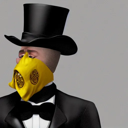 Image similar to a highly detailed portrait of a man in a high top hat covering his face, in a black tailcoat with a yellow waistcoat under the tailcoat, artstation, deviantart, professional, unreal engine 5, photorealistic