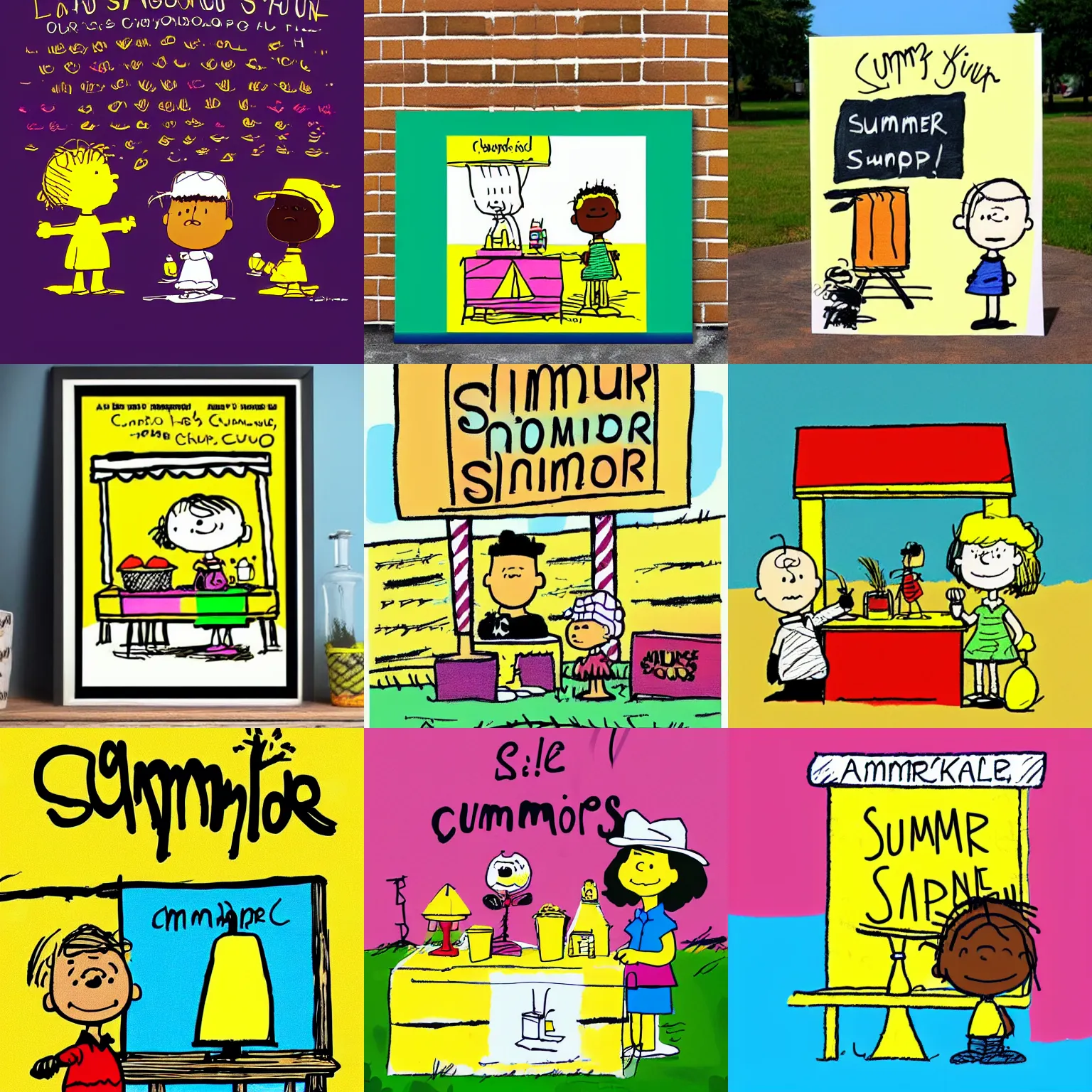 Prompt: a cute simple kid's crayon drawing poster design of a lucrative summer lemonade stand owned by a young business savvy 👧🏿 entrepreneur, artstation, in the style of peanuts and charlie brown, by basquiat and rossdraws, masterpiece, hd, award winning,