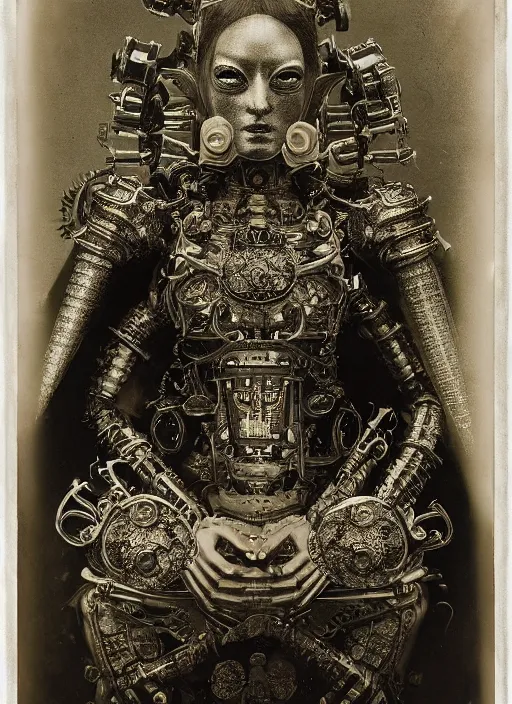 Prompt: old wetplate daguerreotype frame portrait of a futuristic silver armored geisha emperor district 9 cyborg, fractal, intricate, elegant, highly detailed, subsurface scattering, by jheronimus bosch and greg rutkowski and louis jacques mande daguerre