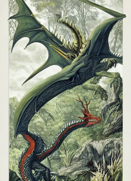 Image similar to game of thrones dragon in a tropical forest, john james audubon, ernst haeckel, intaglio, sharp focus