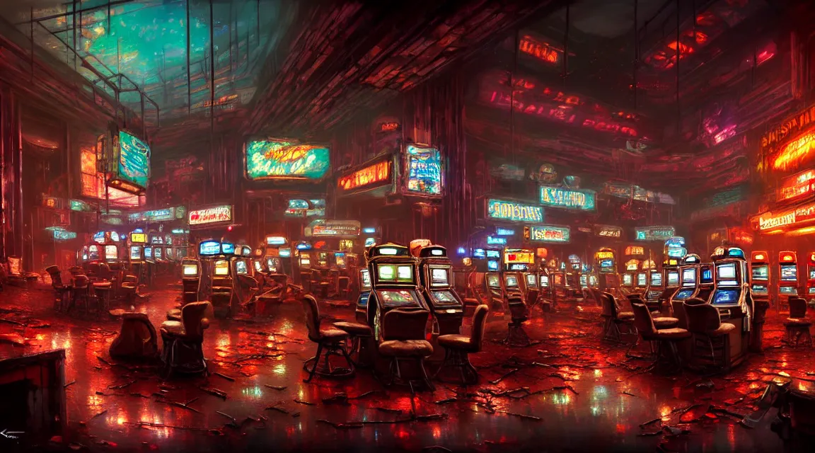 Prompt: post apocalyptic room interior, casino, human silhouettes, by thomas kinkade trending on artstation, photorealistic, hyper detailed, hyper realistic, cyberpunk vibrant colors, spilled blood, weapon damage
