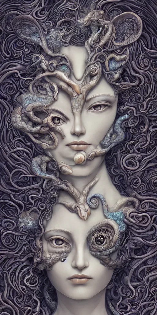 Prompt: a sculpture of mythical creatures by hannah yata, elegant and beautiful female face with her third eye open, carved in stone, intricate, elegant, highly detailed, digital painting by audrey kawasaki, artstation, concept art, ambient occlusion, smoke, foggy vray render,