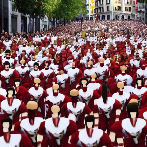 Prompt: the running of the giant screaming bob ross dolls in pamplona spain