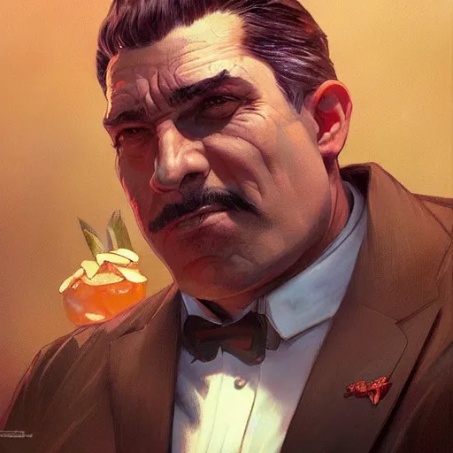 Image similar to mob boss, painted character portrait, highly detailed, digital painting, artstation, concept art, sharp focus, illustration, art by artgerm and greg rutkowski and alphonse mucha