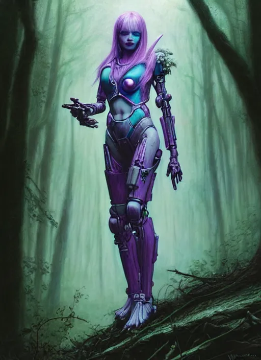 Image similar to hyper realistic pale woman with purple hair in sci - fi cybernetic armor, sylvanas windrunner in the woods in a river gorgeous lighting, lush forest foliage blue sky a hyper realistic ink drawing by chiara bautista and beksinski and norman rockwell and greg rutkowski, tom bagshaw weta studio, and lucasfilm