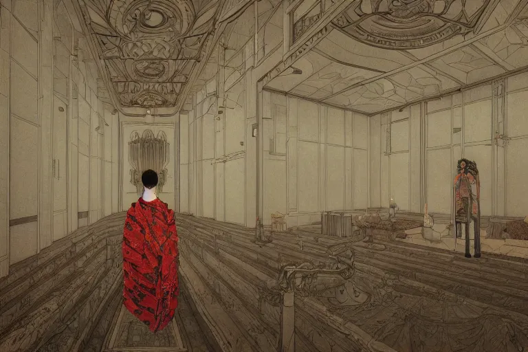 Prompt: inside a Masonic temple oil painting detailed Takato Yamamoto, cinematic, octane render, 8k