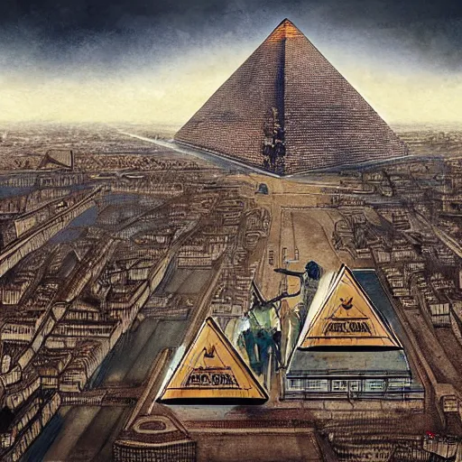 Prompt: floating pyramid above Paris, Egyptian god, by Enki Bilal, artstation