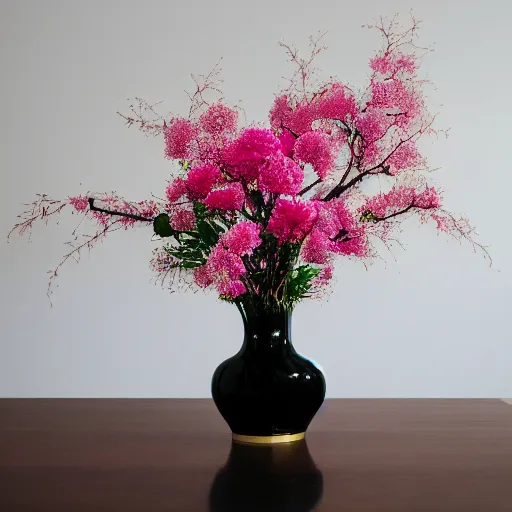 Image similar to a photo of 8k Ikebana in flower vase, ikenobo, ohararyu, sougetsu, wide angle, sony a7r3, ultra detail, photorealistic, in simple background