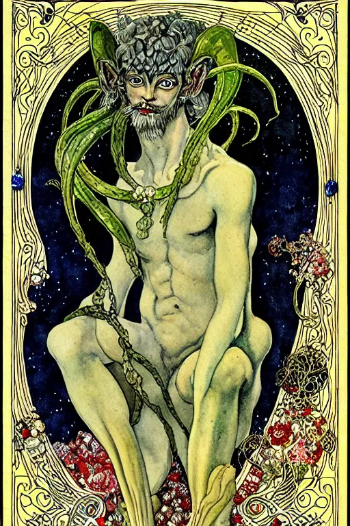 Image similar to portrait of an evil satyr in the center of a frame made of christmas ornaments, art by kay nielsen and walter crane, illustration style, watercolor