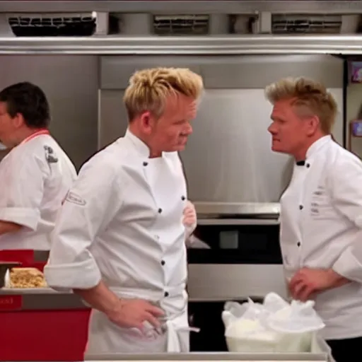 Image similar to gordon ramsay yelling at kfc employees in the kfc kitchen on kitchen nightmares. the employees are lined up and in their kfc uniforms.