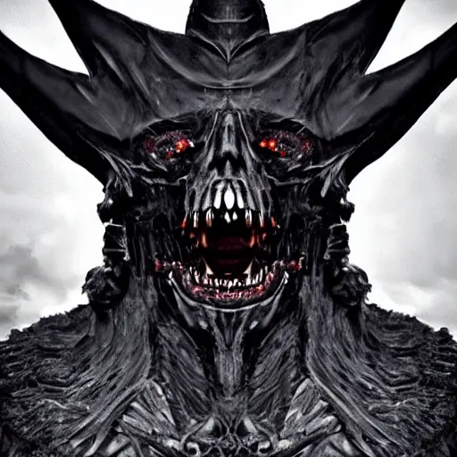 Image similar to a close up view of a demonic looking creature, large, black demonic hat, dark, symmetrical eyes, wide skull face, symmetrical eyes, dark hair, dark armor, dark