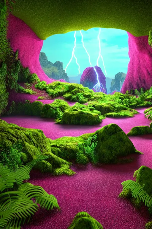 Prompt: a massive volume cave with ultra - realistic bright coloured natural flowers and ferns : 4, overlooking an endless plain with pink lightning clouds : 4, highly symmetrical, balanced, octane render, in the style of sahm : 3 hd, 4 k, ultra - realistic, in unreal engine