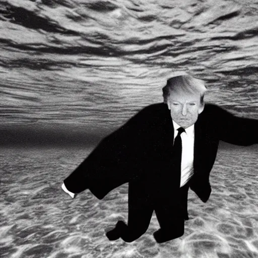 Image similar to dark footage of donald trump walking around the bottom of the ocean