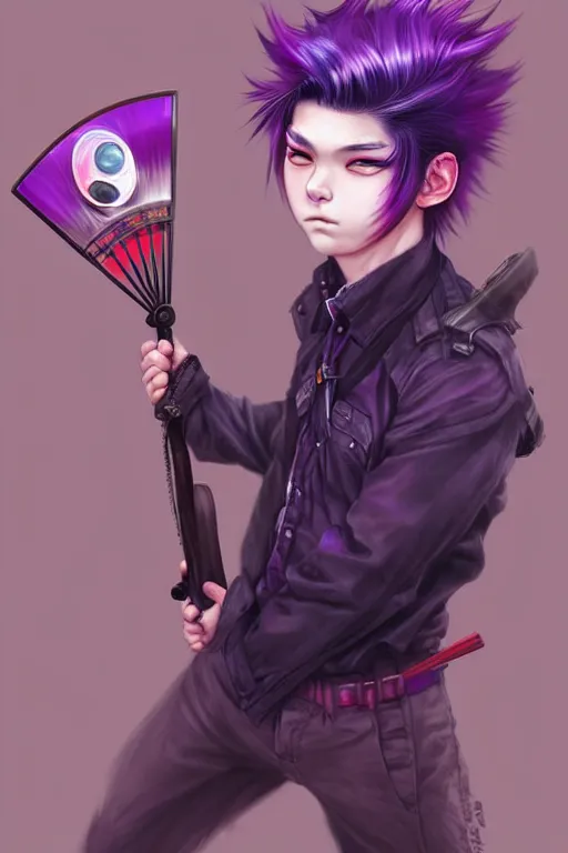 Image similar to gorgeous!!! hyper - realistic teenager boy with purple hair, purple eyes with red eye markets, wearing combat japanese clothes, holding a fan | drawn by wlop, drawn by jeehyung lee, drawn by artgerm | intricate, highly detailed, digital painting, character design, concept art, illustration, artstation