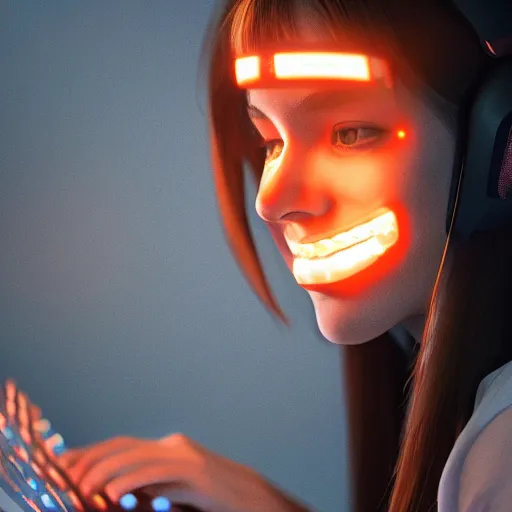 Image similar to gamer girl playing a game on her computer, portrait shot of her face lit up by the monitor, hyperrealistic, 4 k, trending on artstation, octane render, intricate detail, dark atmosphere