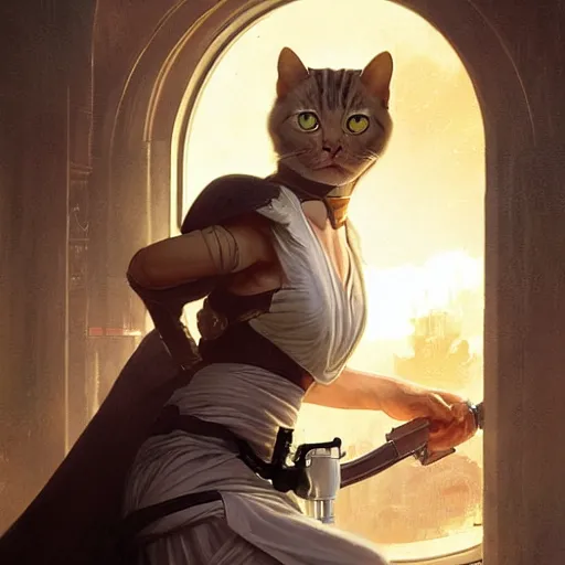 Image similar to cat girl as a jedi star wars by Stanley Artgerm Lau, greg rutkowski, thomas kindkade, alphonse mucha, loish, norman Rockwell