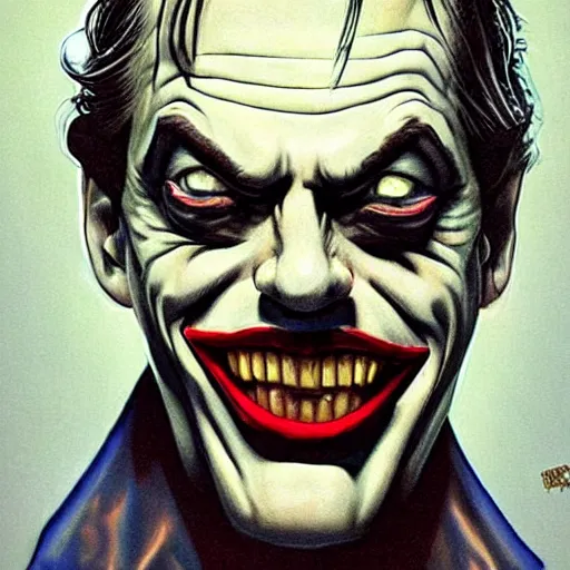 Image similar to Steve Buscemi as the Joker, in the style of Boris Vallejo, intricate, highly detailed, concept art, smooth, sharp focus