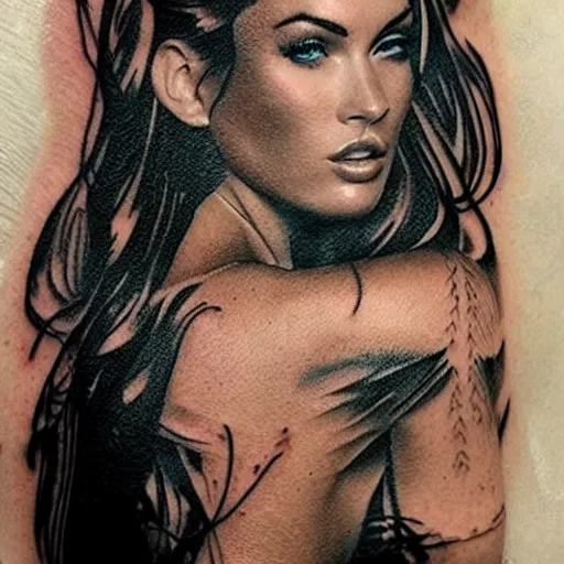 Image similar to double exposure tattoo sketch of megan fox with beautiful mountain scenery, hyper - realistic, in the style of den yakovelev, amazing detail, sharp