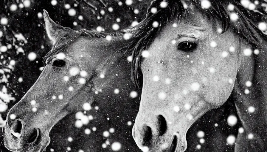 Prompt: 1 9 6 0 s movie still close up of marcus aurelius + horse frozen to death under the snown by the side of a river with gravel, pine forests, cinestill 8 0 0 t 3 5 mm b & w, high quality, heavy grain, high detail, texture, dramatic light, anamorphic, hyperrealistic, detailed hair, foggy