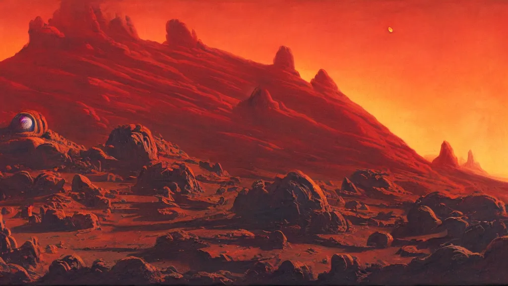 Image similar to mars empire of the mountains by paul lehr and john schoenherr, cinematic matte painting