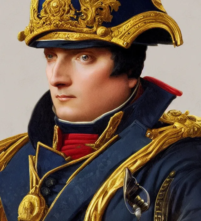 Image similar to portrait of emperor napoleon wearing a traditional nineteenth century french empire military uniform, metal shoulder pauldrons, intricate, highly detailed, digital painting, artstation, concept art, sharp focus, cinematic lighting, illustration, art by artgerm and greg rutkowski, alphonse mucha, cgsociety
