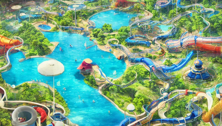 Image similar to A highly detailed matte painting of a huge empty water park with swimming pools, lazy rivers and water slides by Studio Ghibli, Makoto Shinkai, by Artgerm, by beeple, by Greg Rutkowski, volumetric lighting, octane render, 4K resolution, trending on artstation, masterpiece