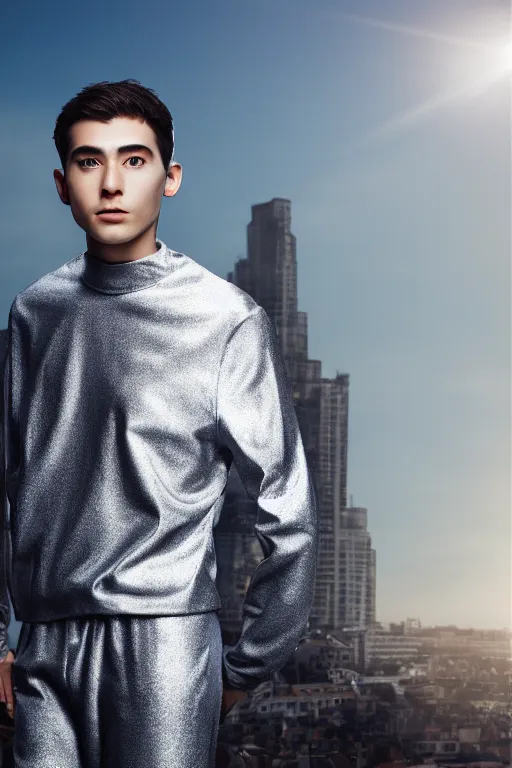 Image similar to un ultra high definition studio quality photographic art portrait of a young man standing on the rooftop of a british apartment building wearing soft padded silver pearlescent clothing. three point light. extremely detailed. golden ratio, ray tracing, volumetric light, shallow depth of field. set dressed.