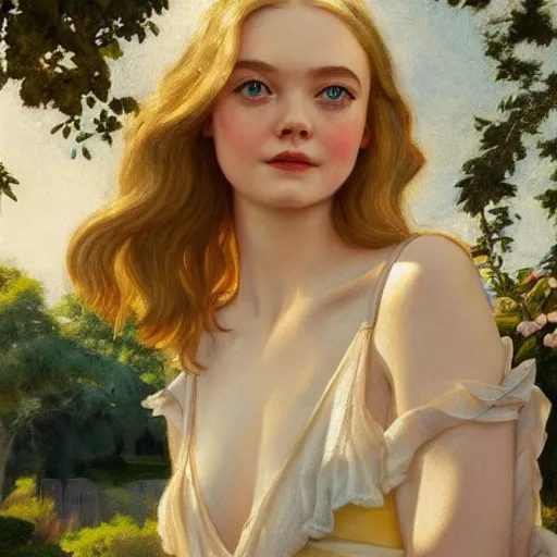 Image similar to Elle Fanning, head and shoulder masterpiece, next to a pool, golden hour, in a garden, artstation, by J. C. Leyendecker and Peter Paul Rubens,