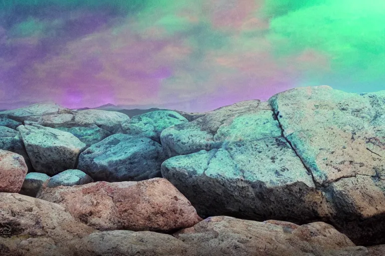 Image similar to rocks falling off a cliff in the evening, purple glow