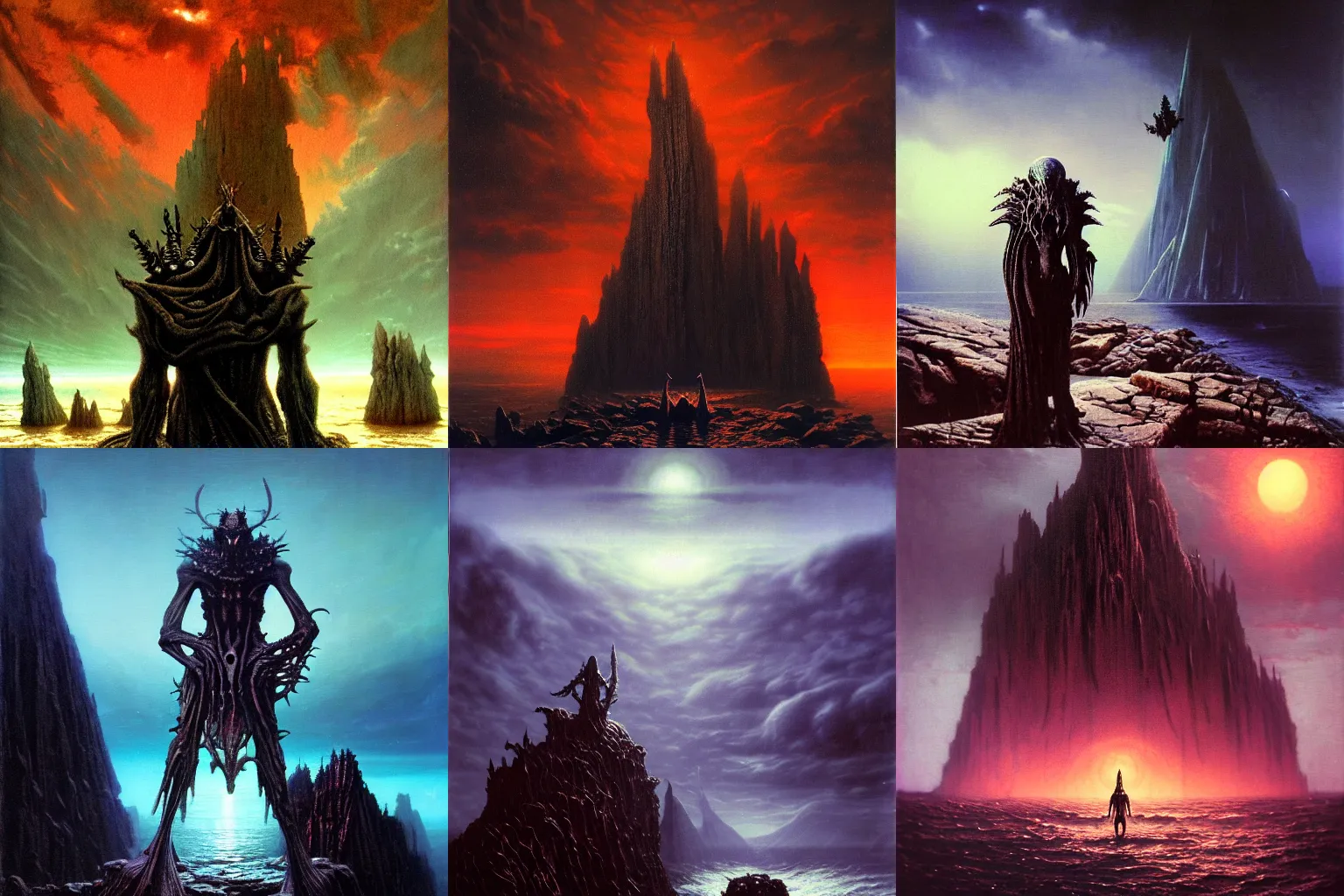 Prompt: A dark portrait of a majestical gothic degenerate demon standing near sea and rocks, by Paul Lehr, by Wayne Barlowe, by Bruce Pennington, by HR Giger, masterpiece, trending on artstation, featured on pixiv, cinematic composition, astrophotography, beautiful lighting, sharp, details, details, hyper-detailed, no frames, 8K