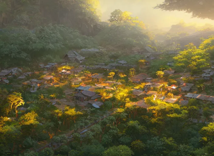 Image similar to concept art painting of a small woodland village in a valley seen from above, european japanese buildings, early morning, cel shaded, detailed, realistic, by makoto shinkai and moebius and greg rutkowski and james gurney