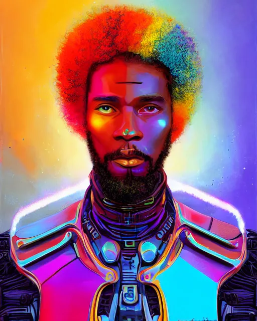 Image similar to colorful portrait of a black male hippie with cybernetics and a natural hair style, but set in the future 2 1 5 0 | highly detailed | very intricate | symmetrical | professional model | cinematic lighting | award - winning | painted by mandy jurgens | pan futurism, dystopian, bold psychedelic colors, cyberpunk, anime aesthestic | featured on artstation