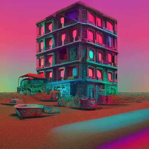 Image similar to desert town of forgotten objects by Beeple, Lisa Frank, Kidmograph and Stephen Shore, digital art, beautiful holography cover design