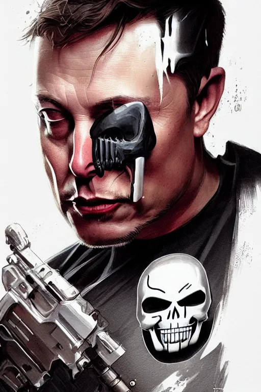 Prompt: elon musk as punisher, portrait, skull on the chest, highly detailed, digital painting, artstation, concept art, smooth, sharp focus, illustration, cinematic lighting, art by artgerm and greg rutkowski and alphonse mucha