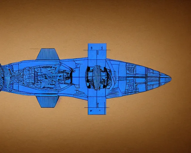 Image similar to blueprint of spaceship, technical drawing on blue paper, intricate detail, centered with clean background, studio lighting, 8 k