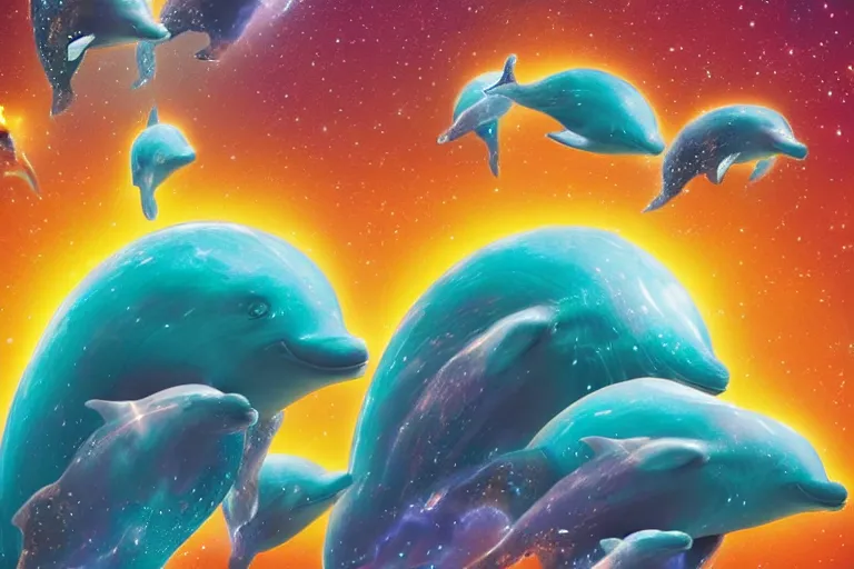 Prompt: a group of cosmic dolphins jumping out of a cosmic ocean in space, half of the screen is cosmic ocean