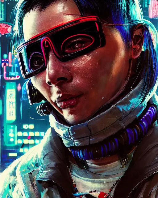 Image similar to detailed portrait of cyberpunk computer scientist who served as systems engineer dancer on the neo Tokyo streets of the Mecha Empire city during the Festival of Masks, futuristic neon, reflective puffy coat, decorated with traditional Japanese ornaments by Ismail inceoglu dragan bibin hans thoma greg rutkowski Alexandros Pyromallis Nekro Rene Maritte Illustrated, Perfect face, fine details, realistic shaded, fine-face, pretty face