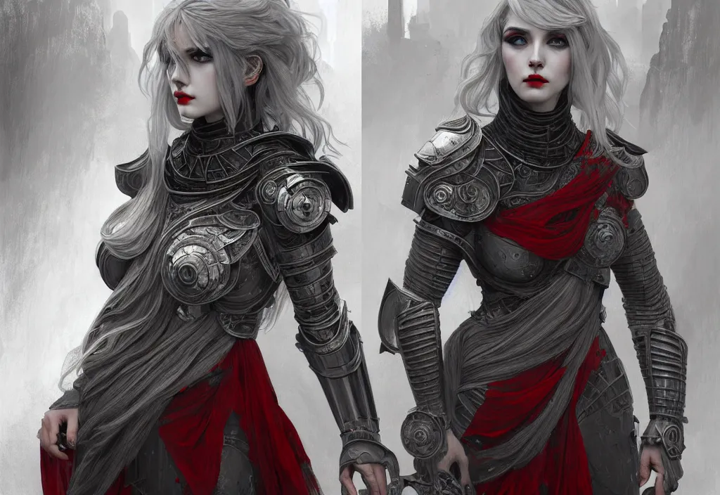 Image similar to portrait grey hair knights of zodiac girl + smoky eyes, matt black / little red color armor in ruined agora of athens, ssci - fi and fantasy, intricate and beautiful and elegant, highly detailed, digital painting, artstation, concept art, smooth and sharp focus, illustration, art by tian zi and wlop and alphonse mucha