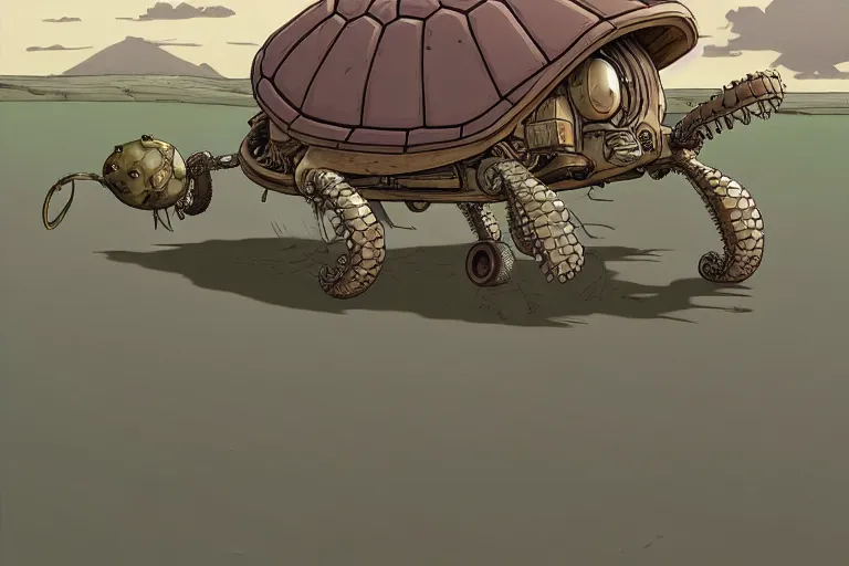 Image similar to a cell shaded cartoon of a lovecraftian mechanized turtle from howl's moving castle ( 2 0 0 4 ), on a desert road, full body, wide shot, very muted colors, post grunge, studio ghibli, laurie greasley, highly detailed, deviantart, art by artgem