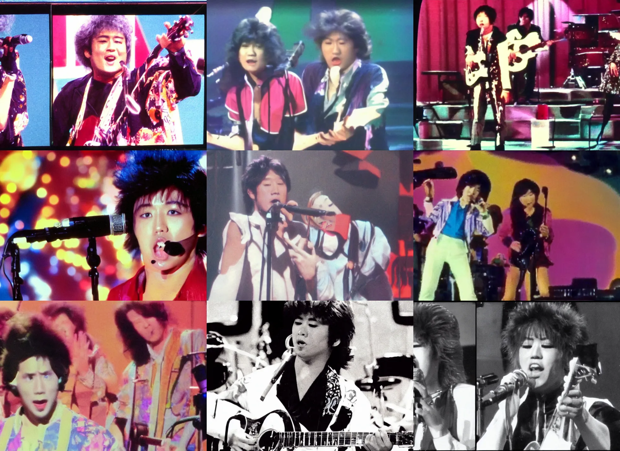 Prompt: color video footage, a singer on the stage, japanese 8 0's tv show.